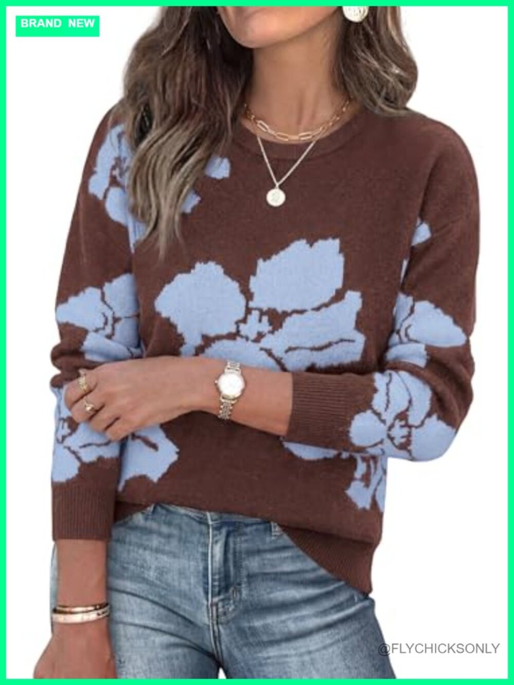 Womens Floral Print Crewneck Pullover Sweater Drop Shoulder